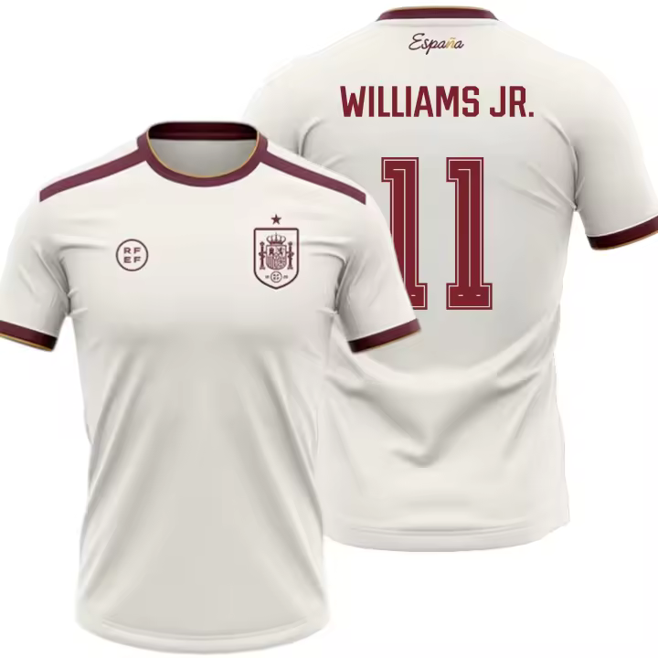 Camiseta España 2026-2028 | Williams Jr. 11 Dorsal y Nombre | Color Blanco con Detalles Granate | Manga Corta | Diseño Futbol Aficionados | Tejido Transpirable Deportivo - 1