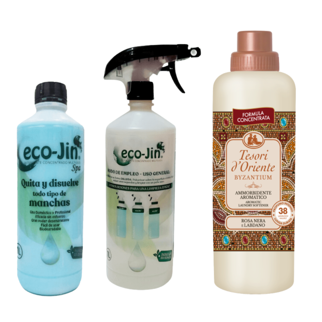 ECOJIN ORIGINAL DE LABONCLER A ELEGIR + DIFUSOR PARA HACER LAS MEZCLAS + SUAVIZANTE TESORI D ORIENTE BIZANCIO PARA UNA ROPA SUAVE Y PERFUMADA. QUITAMANCHAS, DESENGRASANTE, ECO JIN ORIGINAL, PRODUCTOS LABONCLER, SUAVIZANTE AROMA ARABE VIRAL LIMPIAYBRILLA