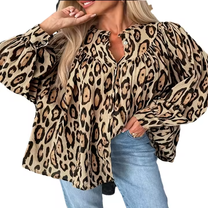 Camisa Casual De Manga Larga Para Mujer Tallas Grandes 1X-5XL Con Bolsillo Y Diseño De Punto De Leopardo Botón Frontal Cuello Simple - 1