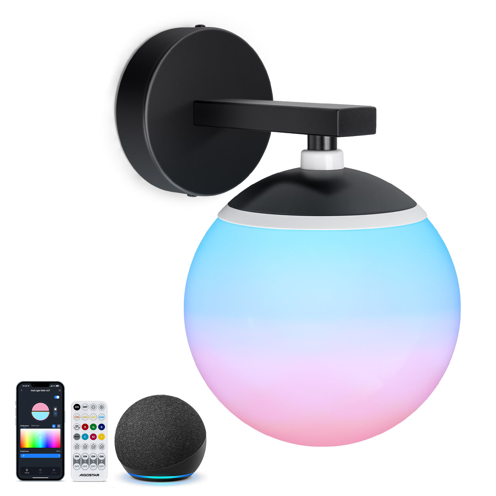 Aigostar Mesh - Lamparas de Pared Interior Inteligente LED con Bluetooth Mesh, Compatible con Alexa, Control de Colores por Capas, 8W, 800LM, 2700K-6500K y RGB Regulable, para Dormitorio/Sala/Comedor
