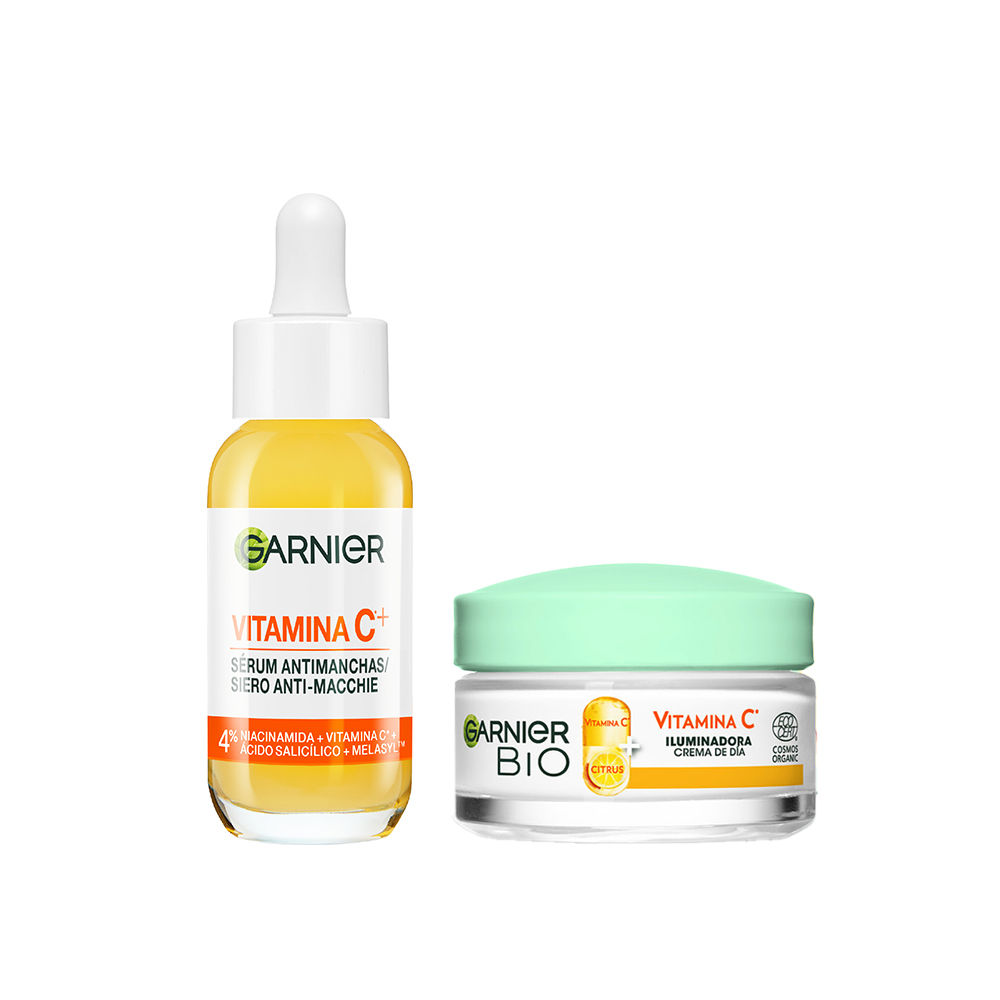 GARNIER | PACK Sérum Anti Manchas con Vitamina C, Niacinamida y Ácido salicílico. Reduce un 43% la intensidad de las manchas oscuras 30ml + Crema de Día Iluminadora con Vitamina C, Nutre, Corrige líneas y Potencia la luminosidad día tras día 50ml