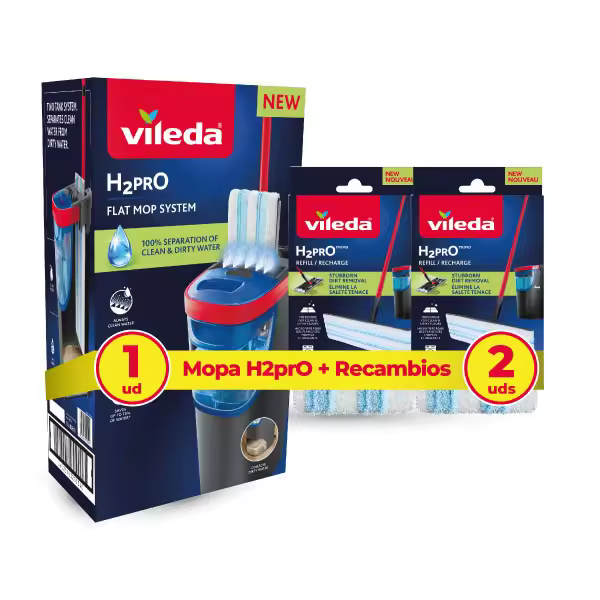 Vileda Mopa H2PRO Flat Mop o H2PRO Flat Mop + 2 Recambios | Limpieza avanzada con separación de agua limpia y sucia | Tecnología que ahorra agua y microfibra eficiente para suelos impecables | Diseño ergonómico | uso sin esfuerzo y almacenamiento compacto - 1