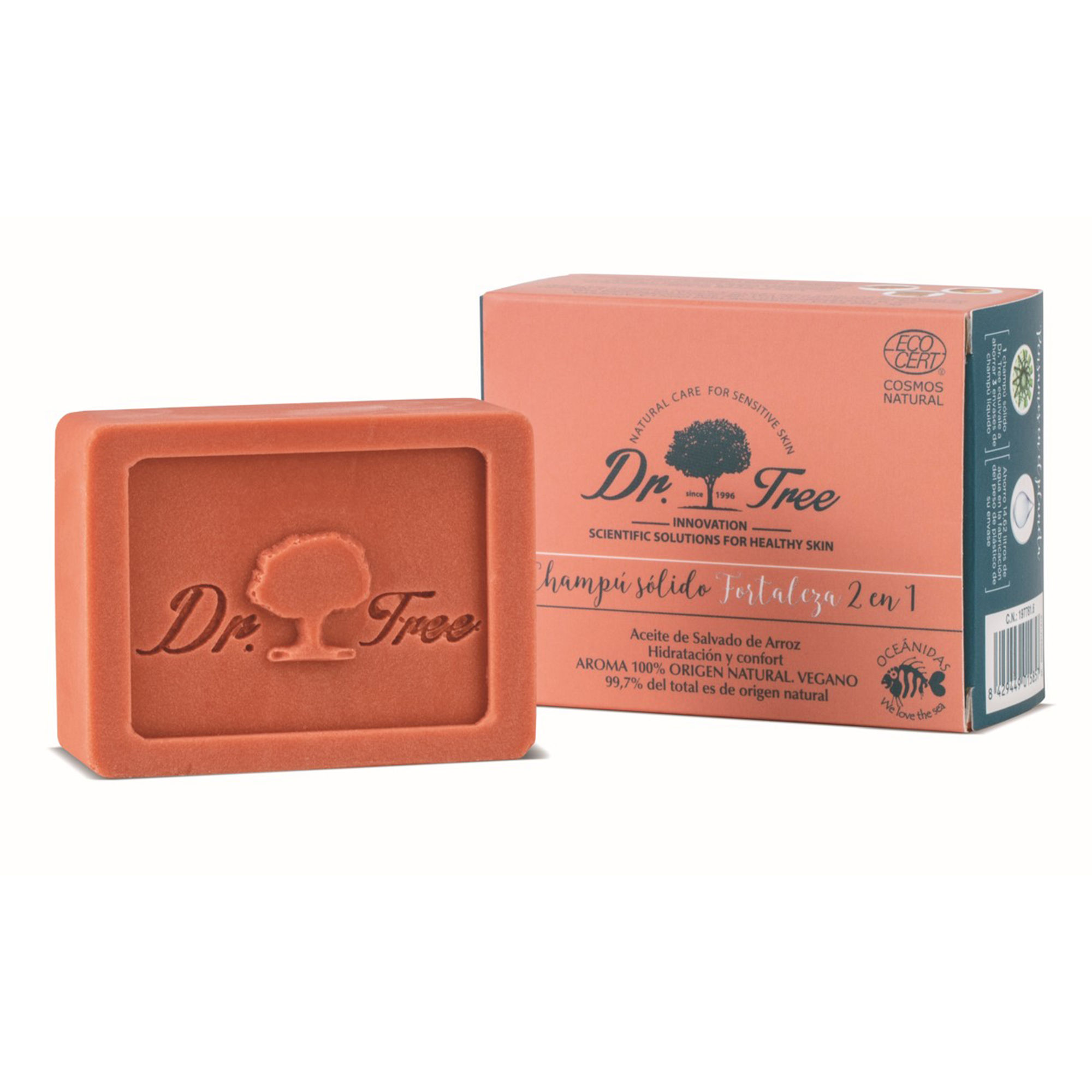 Dr. Tree Champú Sólido 2 en 1, Champú + Acondicionador Fortaleza, Limpia, Hidrata y Energiza, Sin Sulfatos SLE, SLS, Sin parabenos, Sin siliconas, Cabello Fino y Débil o Caída, ECOCERT, 75gr