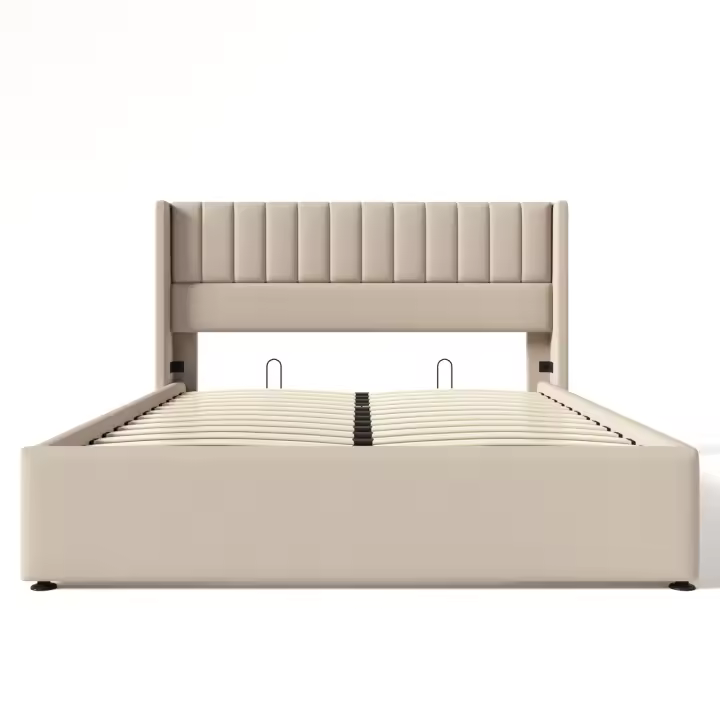 Cama Tapizada 160x200 cm con Almacenaje Hidráulico, Somier de Madera y Marco Metálico, Beige - 1