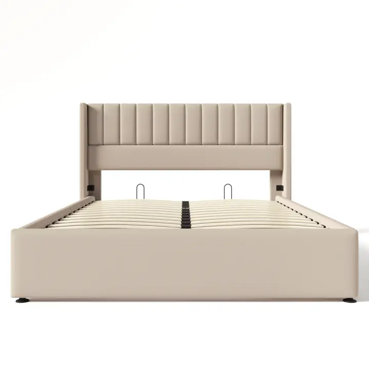 Cama Tapizada 160x200 cm con Almacenaje Hidráulico, Somier de Madera y Marco Metálico, Beige - 1