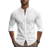 Camisa De Hombre Para Primavera Y Verano Algodón Y Lino Estilo Slim Casual Hawaii Color Sólido Transpirable Tops Versátiles - details 2