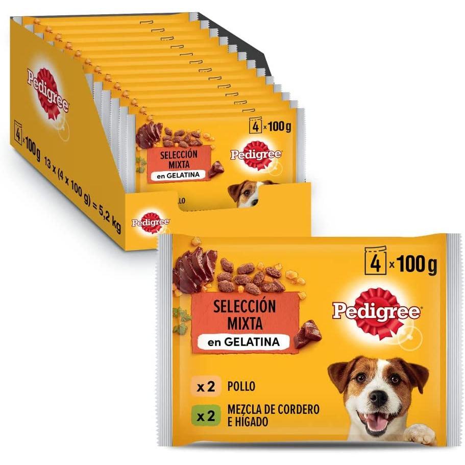 Pedigree Comida Húmeda para Perros en Gelatina Sabores Pollo y Cordero, Multipack (13 Packs x 4 bolsitas x 100g)
