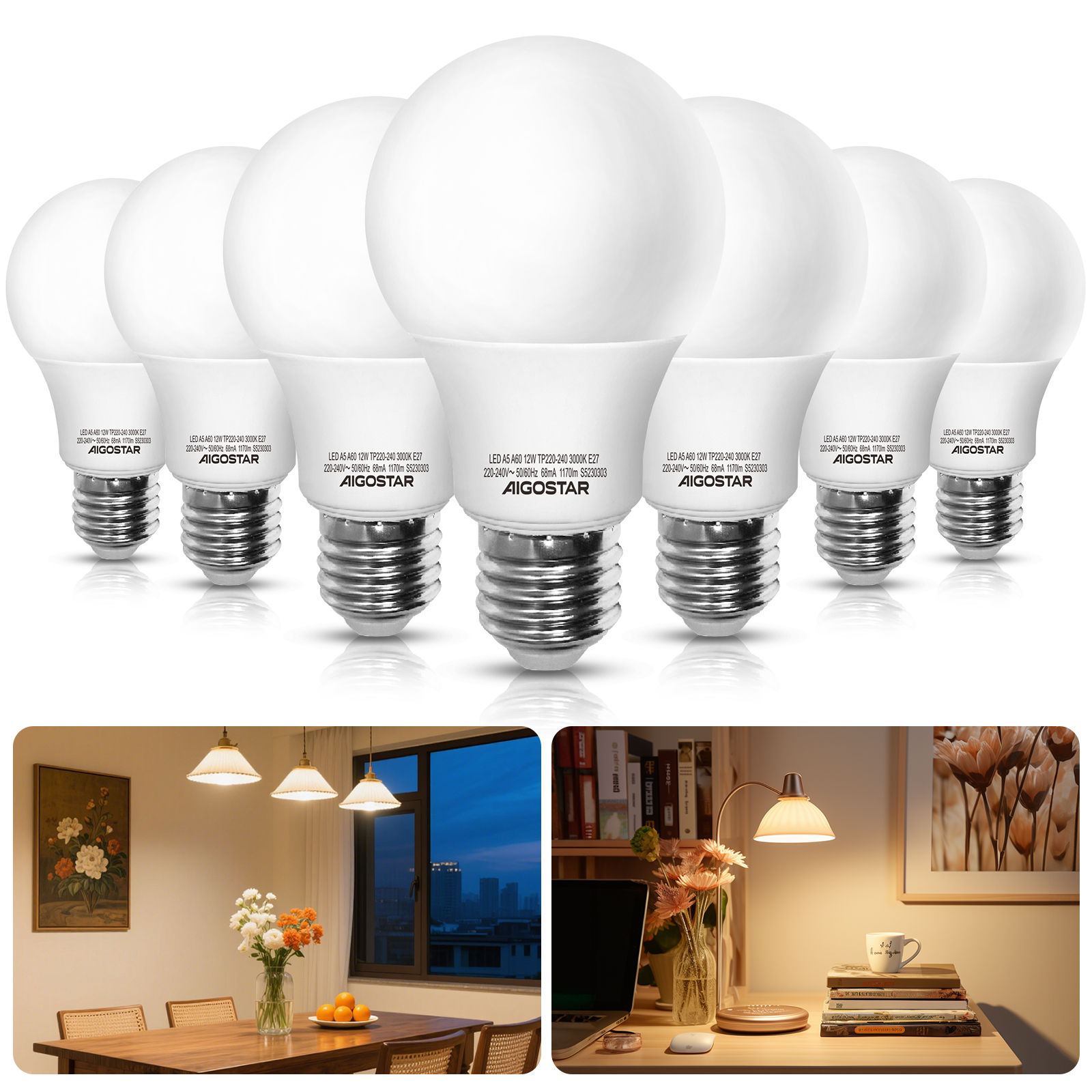 Aigostar Bombilla LED E27 12W, Luz cálida 3000KAigostar Bombilla LED E27 12W, Luz cálida 3000K, 1170 lúmenes, Lámpara A60, Ángulo 280º, Ahorro de energía, No regulable - Caja de