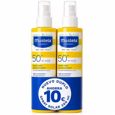 Mustela - Spray solar SPF50 duplo 2x200 ml para bebés, niños y toda la familia con protección muy alta UVA/UVB, resistente al agua y fórmula hipoalergénica - 1