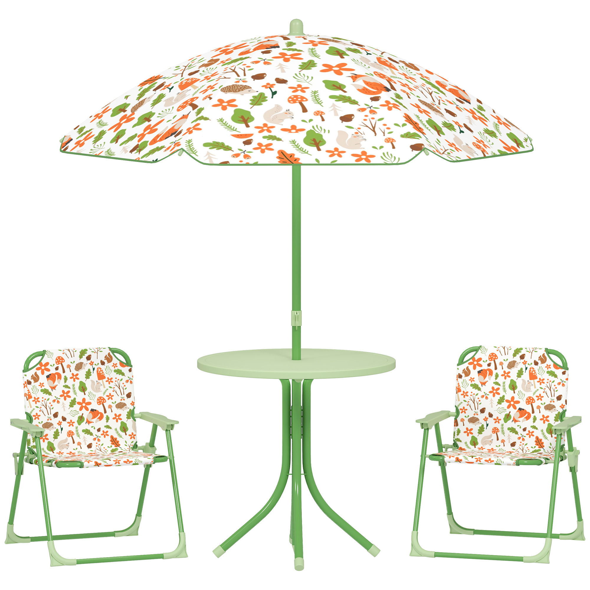 AIYAPLAY Conjunto de Mesa y Sillas Infantil de Jardín de 4 Piezas Mesa Infantil con Sillas Plegables Sombrilla Ajustable Diseño de Arcoíris para Patio Pícnic