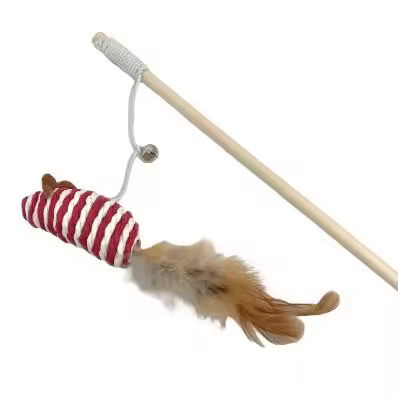 1 Juguete interactivo para gatos con caña de madera y plumas naturales - 1