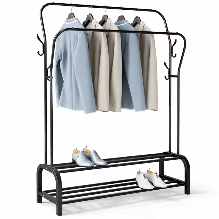 T-LoVendo Perchero Burro Doble Ropa Metálico Negro con Zapatero Inferior | Estante con Estructura Curva | Barra Colgador Resistente | Dormitorio Vestidor Entrada Organizador de Ropa y Zapatos - 1