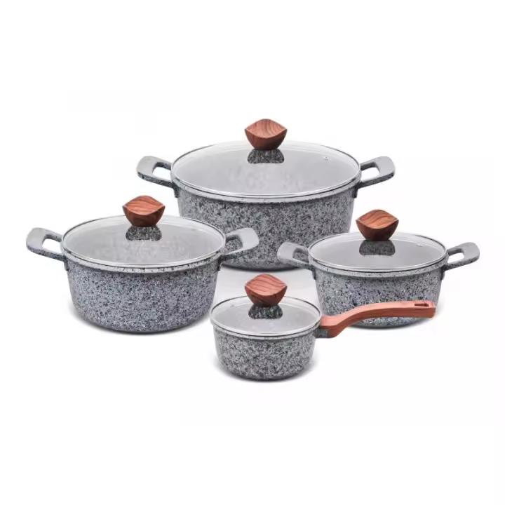 PROMIS Juego de ollas GRANITO, cacerola 16 cm, ollas 20,24,28 mangos marrones - 1