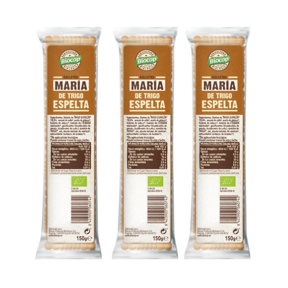 Galletas Maria de trigo espelta Packs 3 Sabor suave y textura ligera Sin huevo ni leche Biocop