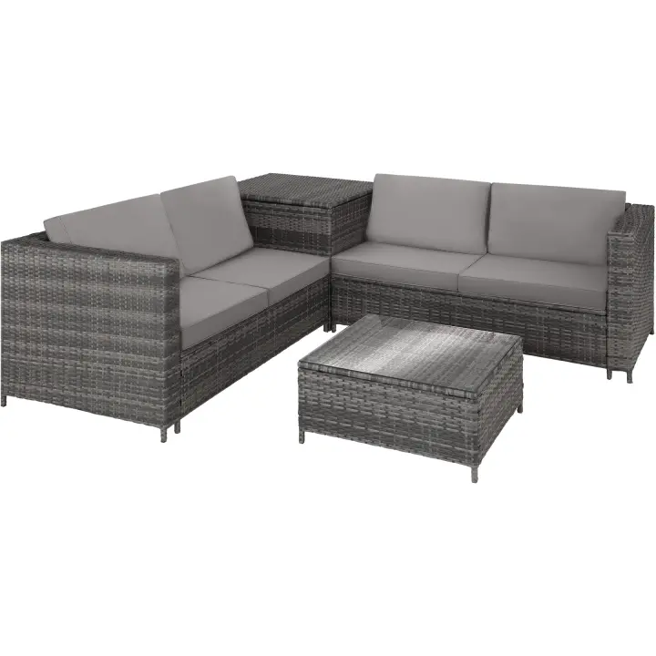 TECTAKE - Conjunto Jardín de Ratán Combinable con Cojínes Grosor 8 cm, Conjunto Terraza Acero y Resistente a la Intemperie, Muebles Jardín Exterior 2 Sofás, 1 Mesa, 1 Caja Almacenaje - 1