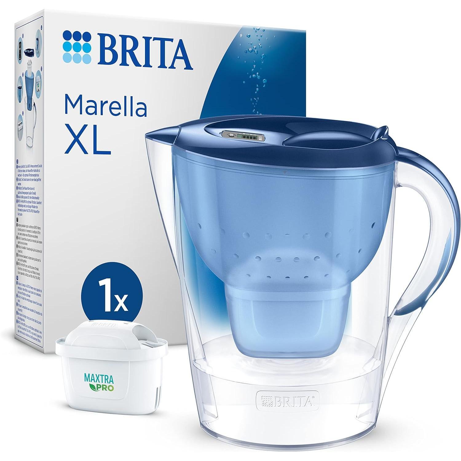 BRITA Jarra Filtrante, Modelo Marella XL Azul, 3,5L con Filtro MAXTRA PRO | 150L agua filtrada | Sin BPA | Apta lavavajillas | Indicador Memo | Reduce cal, cloro y metales | Diseño sostenible