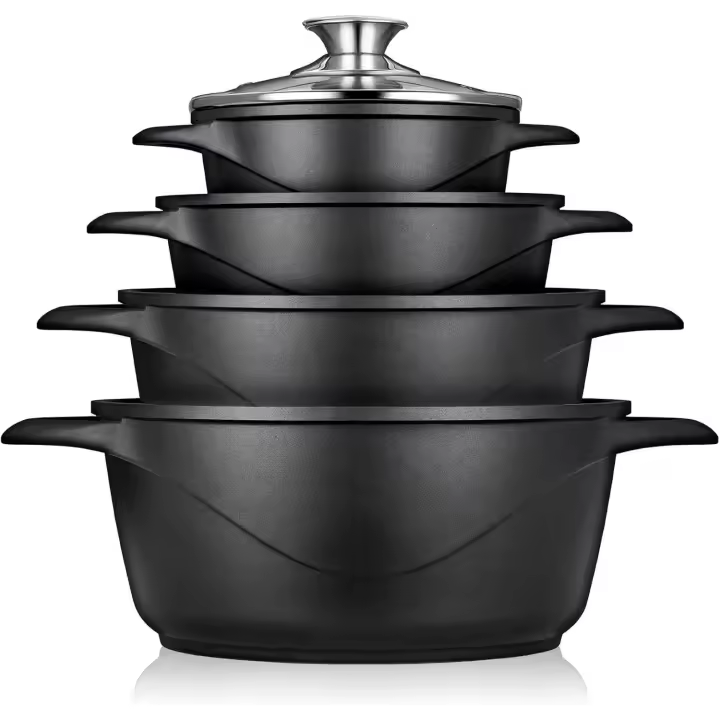Briebe MGK-12 Batería de Cocina Inducción 8 Piezas Aluminio Fundido 4 Ollas con Tapa de Cristal Antiadherente, , Negro - 1