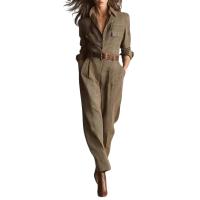 Traje De Mujer Beige Con Cuadros Estilo Camisa Con Cinturón Pantalones Anchos Casual Para Oficina Moda 2026 Traje De Vestido - details 2