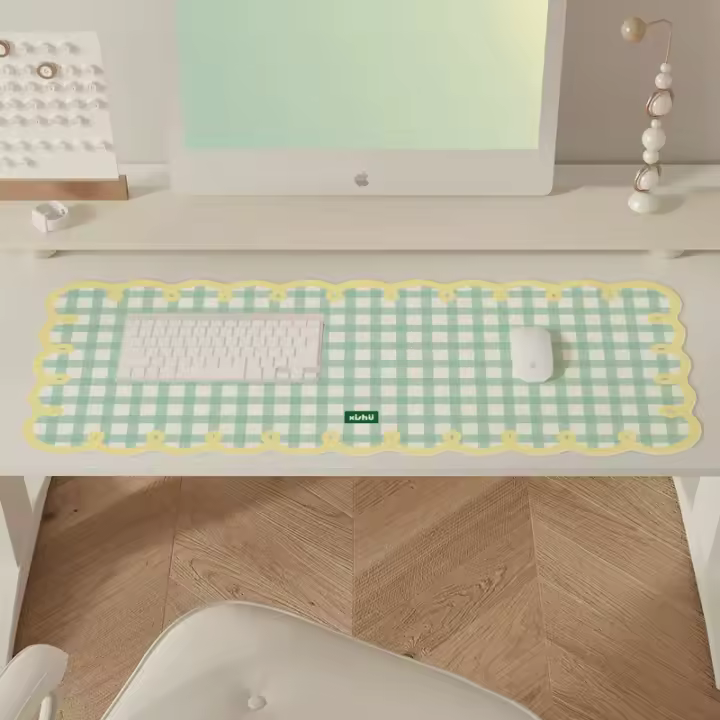 Alfombrilla Grande De Ratón Con Estampado a Cuadros Rosa Y Blanco Borde Ondulado Material De Cuero PU Antideslizante Protector De Escritorio Para Oficina Y Juegos - 1