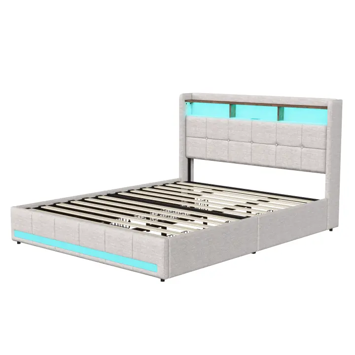 Cama tapizada capitoné con LED, puertos USB y Type-C, 4 cajones de almacenamiento, lino, beige y gris, 140x200 cm / 160x200 cm / 180x200 cm - 1