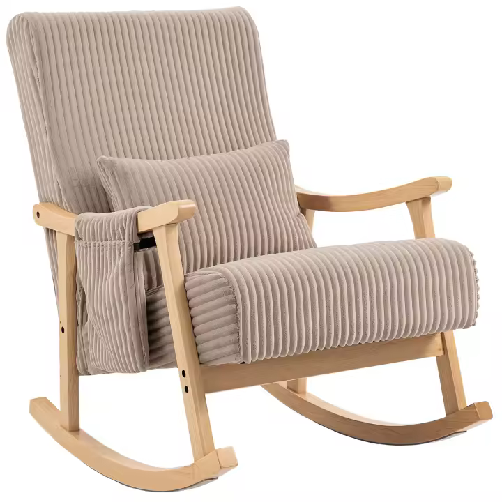 HOMCOM Silla Mecedora, Mecedora de Pana con Cojín Lumbar, Patas y Reposabrazos de Madera, Bolsillo, Estilo Moderno, Sillón de Lactancia, Carga 120 kg, para Dormitorio, Salón - 1