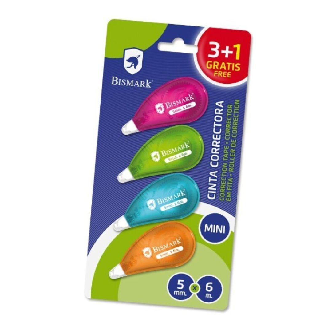 CINTA CORRECTORA BISMARK MINI NEON BLISTER 4 UNIDADES 6 METROS