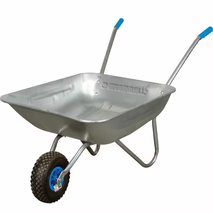 Greenmill garden wheelbarrow 70L with 3-year warranty, heavy-duty load capacity, portable design, and noise-free trolley features for easy transport and gardening tasks. - 1