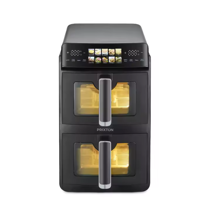 PRIXTON Freidora de Aire Vertical 10L con Doble Cesta 5L + 5L, 2600 W, Air Fryer sin Aceite con 2 Cestas Independientes, Pantalla LED Táctil, 10 Programas, 80-200 °C, Ventana e Iluminación - 1