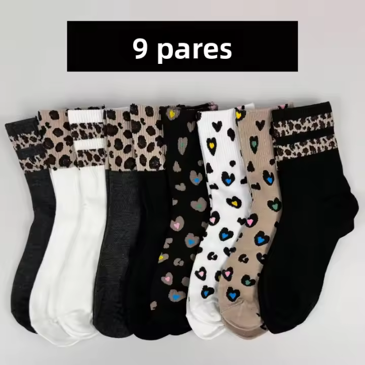 9 Pares De Calcetines De Otoño E Invierno Para Mujer Con Estampado De Leopardo Calcetines De Media Calf High Dulces Y Lindos - 1