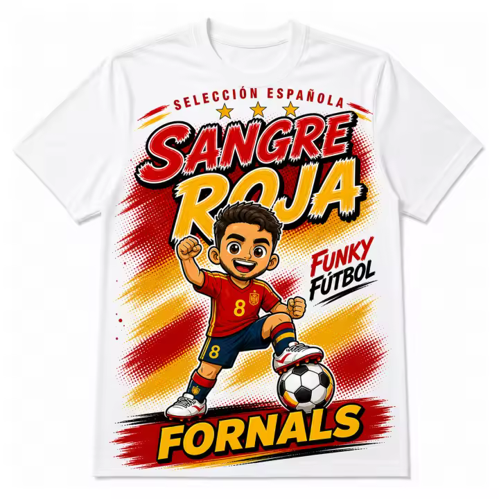 Stock Futbol Camiseta Blanca Selección Española 2026 Muñeco Funky Fornals, Frase Sangre roja, Diseño Fútbol Rojo y Amarillo para Afición España - Talla S - 1