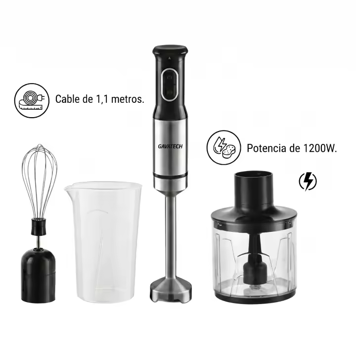 GAVATECH Batidora de Mano 1200W – Kit 3 en 1 con Picadora de 350ml, Varilla Batidora y 4 Cuchillas de Titanio. Cable 1.1m - 1