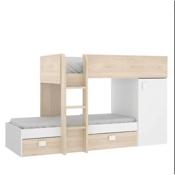 MOBELCENTER - Cama Litera Tren Juvenil Convertible Reversible - Blanco y Natural - Armario y 2 Cajones - 195-255 cm x 150 cm x F: 199-109 cm - (1201) - 1