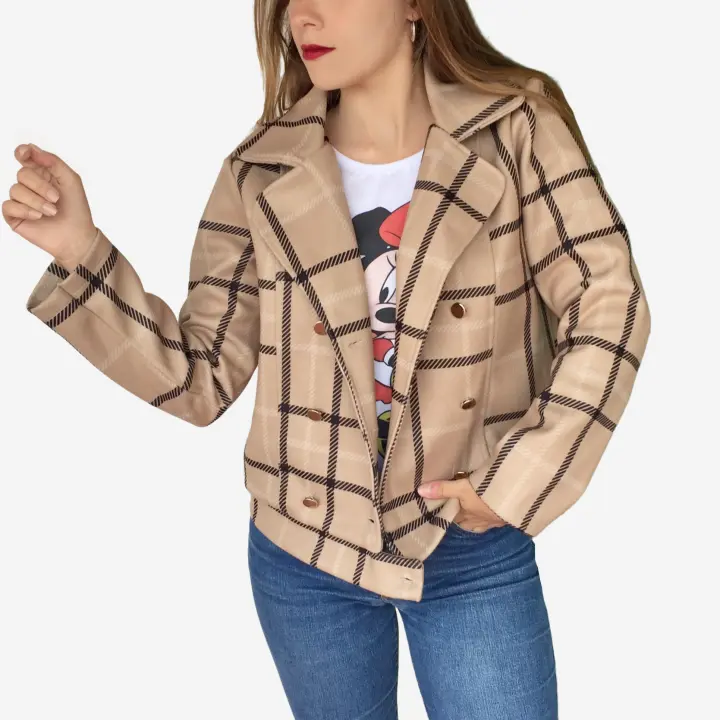 Chaqueta de mujer tipo cazadora de cuadros con botones dorados, muy favorecedora, chaqueta cruzada femenina Le Côté Chic - 1