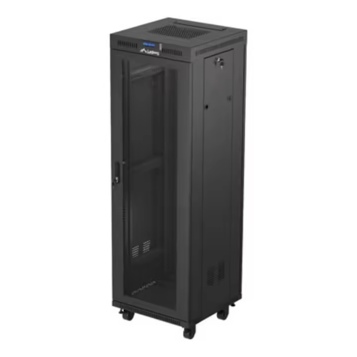 Lanberg - Armario rack FF01-6637-23BL de 37U para centros de datos y servidores, capacidad 1200 kg, IP20, con ruedas y rieles incluidos, color negro - 1