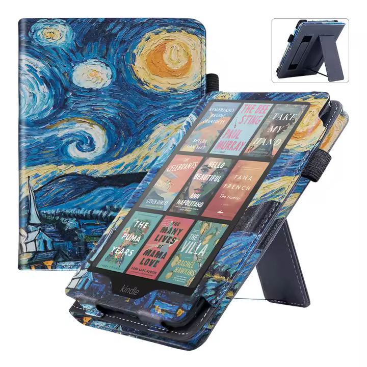 Funda con soporte para Kindle Paperwhite(12.ªgeneración,2024)con correa de mano,funda inteligente de piel sintética,función de encendido y apagado automáticos,funda premium (cielo estrellado) - 1