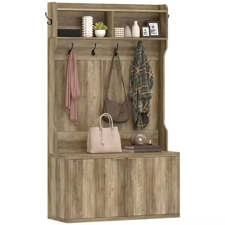 HOMCOM Perchero Zapatero, Perchero Recibidor con 2 Puertas, Estantes Abiertos, 6 Ganchos, para Pasillo, Dormitorio, Salón, Estilo Moderno, 100x38x172 cm - 1