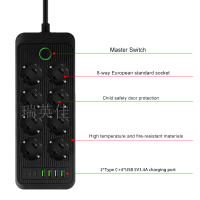 Regleta de Enchufes Múltiple con 8 Tomas Schuko, 4 Puertos USB y 2 USB Tipo C, Potencia Máxima 2500W (110–240V), Cable de 2 Metros, Interruptor General con Luz, Protección contra Sobrecargas para Hogar y Oficina - details 3