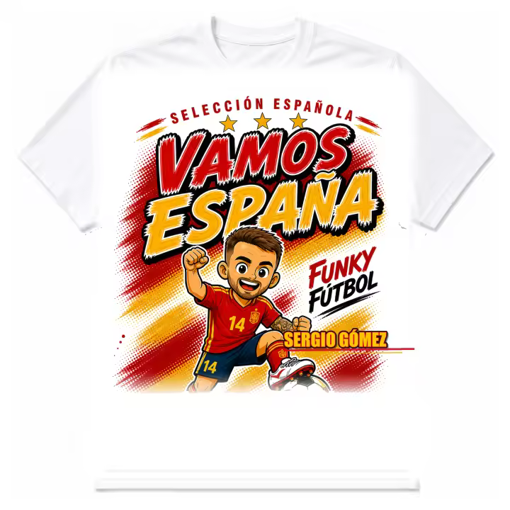 Stock Futbol Camiseta Blanca Selección Española 2026 Muñeco Funky Sergio Gómez, Frase Vamos España, Diseño Fútbol Rojo y Amarillo para Afición España - Talla S - 1