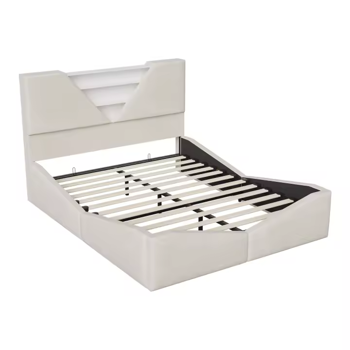 Cama tapizada 140x190 cm con almacenaje, cabecero con LED, somier elevable hidráulico, terciopelo beige crema - 1