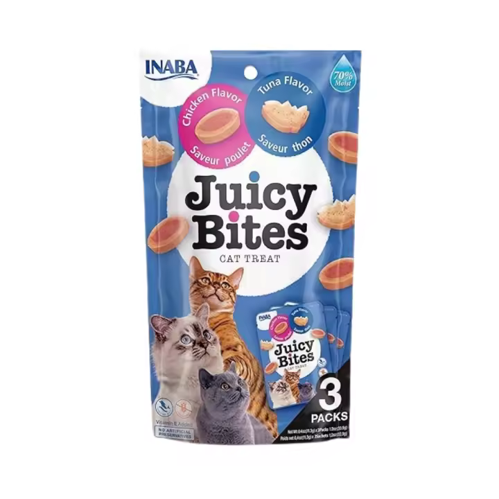 INABA Juicy Bites (3x11,3 gr) - Snack Húmedo para Gatos Sin Gluten Sin Conservantes con Vitamina E (Calamar con Caldo Casero, Pollo con Atún, Pescado con Almeja, Cangrejo con Vieira) - 1