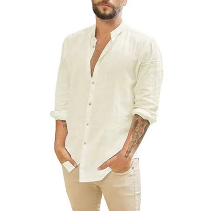 Camisa De Algodón Y Lino Para Hombre Estilo Playa Casual De Cuello Erguido Manga Larga Talla Grande Color Sólido Verano - 1