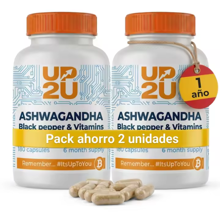 Pack 2x Ashwagandha con Pimienta Negra y Vitaminas B, 600 mg 10% Withanólidos, UP2U Nutrition, 360 Cápsulas, Suministro para 1 año - 1