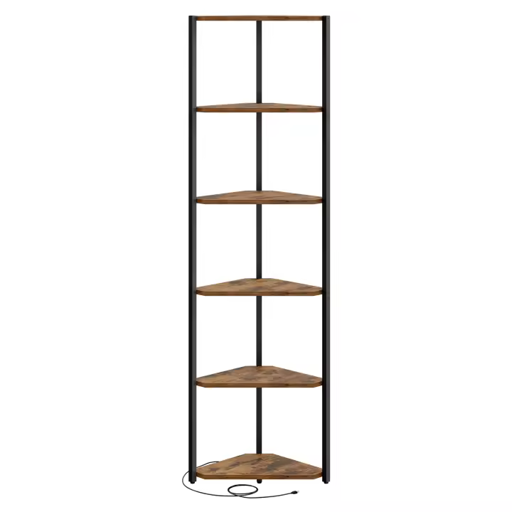 VASAGLE VASAGLE Estantería Esquinera de 6 Niveles con Luces LED, Estante de Almacenamiento, 48 x 24,8 x 182,1 cm, Marrón Rústico y Negro Mate - 1