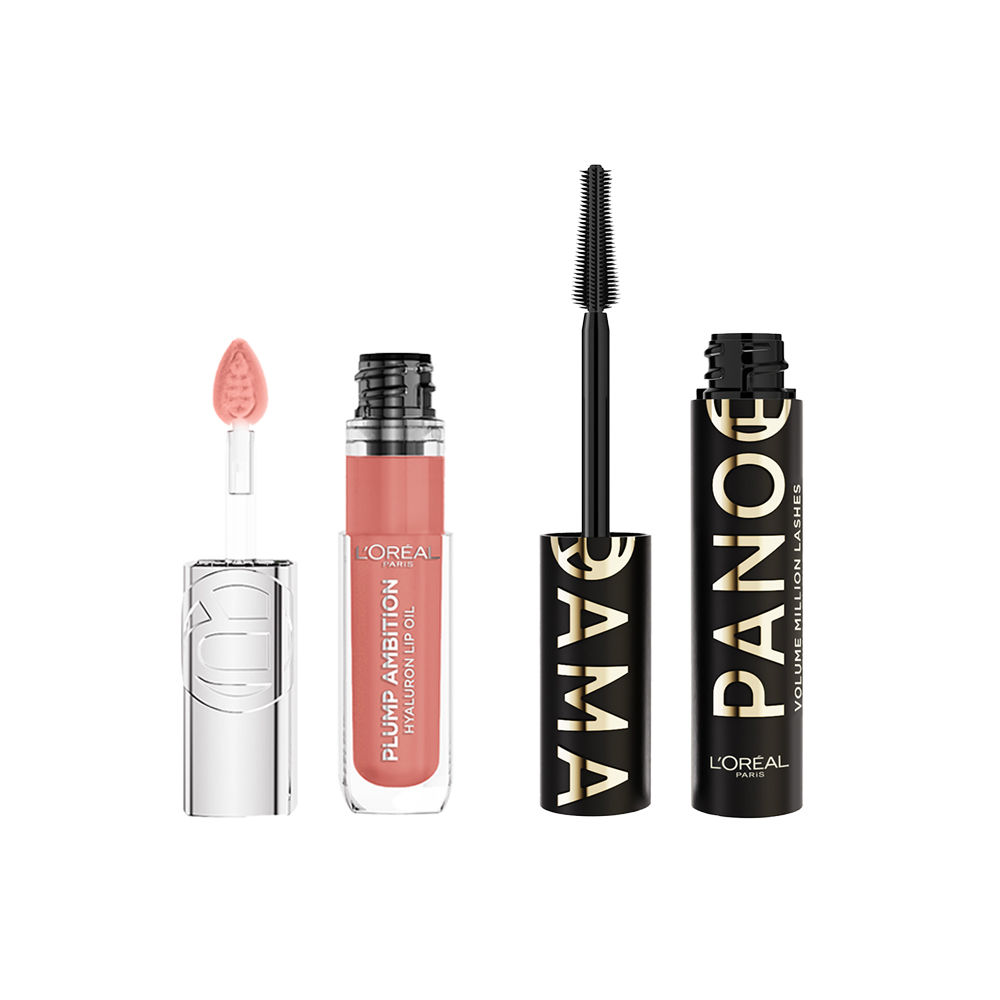 L'Oréal Paris | Pack Plump Ambition - Aceite Labial voluminizador con Ácido Hialurónico tonos 601 Worth It + Máscara de Pestañas Panorama All Night Black - Color Negro