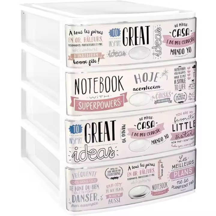 COM-FORT HOUSE Cajonera Apilable de Plástico Modelo Textos Color BlancoCajones de Almacenamiento Modular - 1