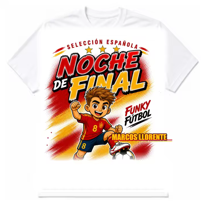 Stock Futbol Camiseta Blanca Selección Española 2026 Muñeco Funky Marcos Llorente, Frase Noche de final, Diseño Fútbol Rojo y Amarillo para Afición España - Talla S - 1