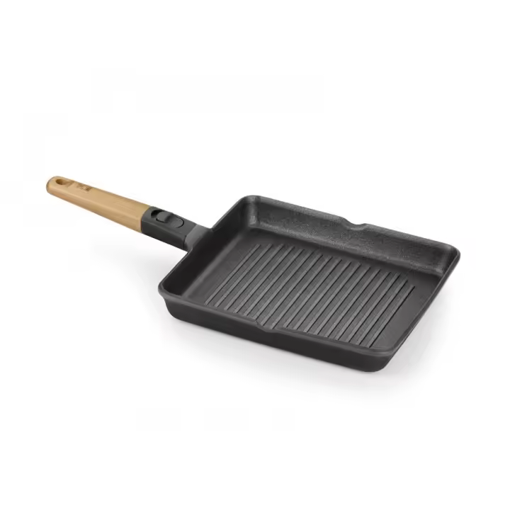 Bra - Grill con Rayas Market, 28 x 28 cm, Aluminio Fundido, Revestimiento Antiadherente, Apto Inducción y Horno, Madera de Haya - 1