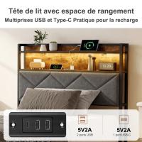 Cama 90x200 cm con estructura metálica, cabecero con estante, LED RGB, USB, USB-C y acabado madera oscuro - details 2
