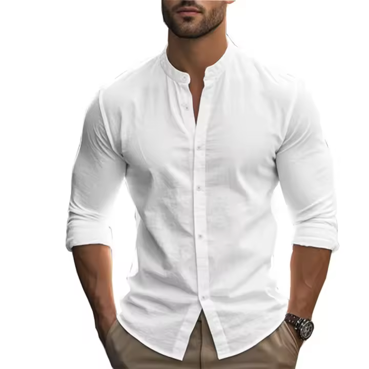 Camisa De Hombre Para Primavera Y Verano Algodón Y Lino Estilo Slim Casual Hawaii Color Sólido Transpirable Tops Versátiles - 1