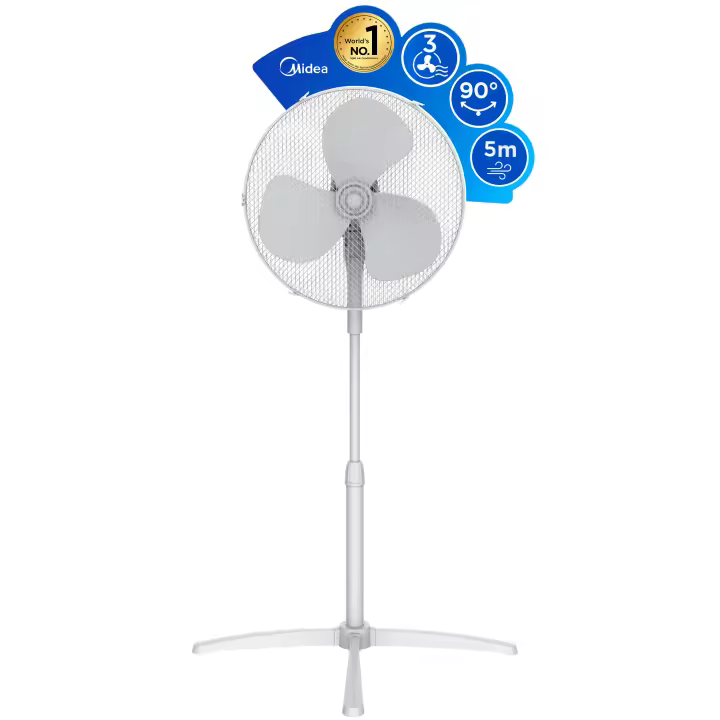 MIDEA Ventilador de Pie de 3 Velocidades y 40W - Ventilador Silencioso con Oscilación 90º y Altura Ajustable - Flujo de Aire Potente 40m3/min, Ligero y Fácil transporte, Cabezal Reclinable - 1 unidad - 1